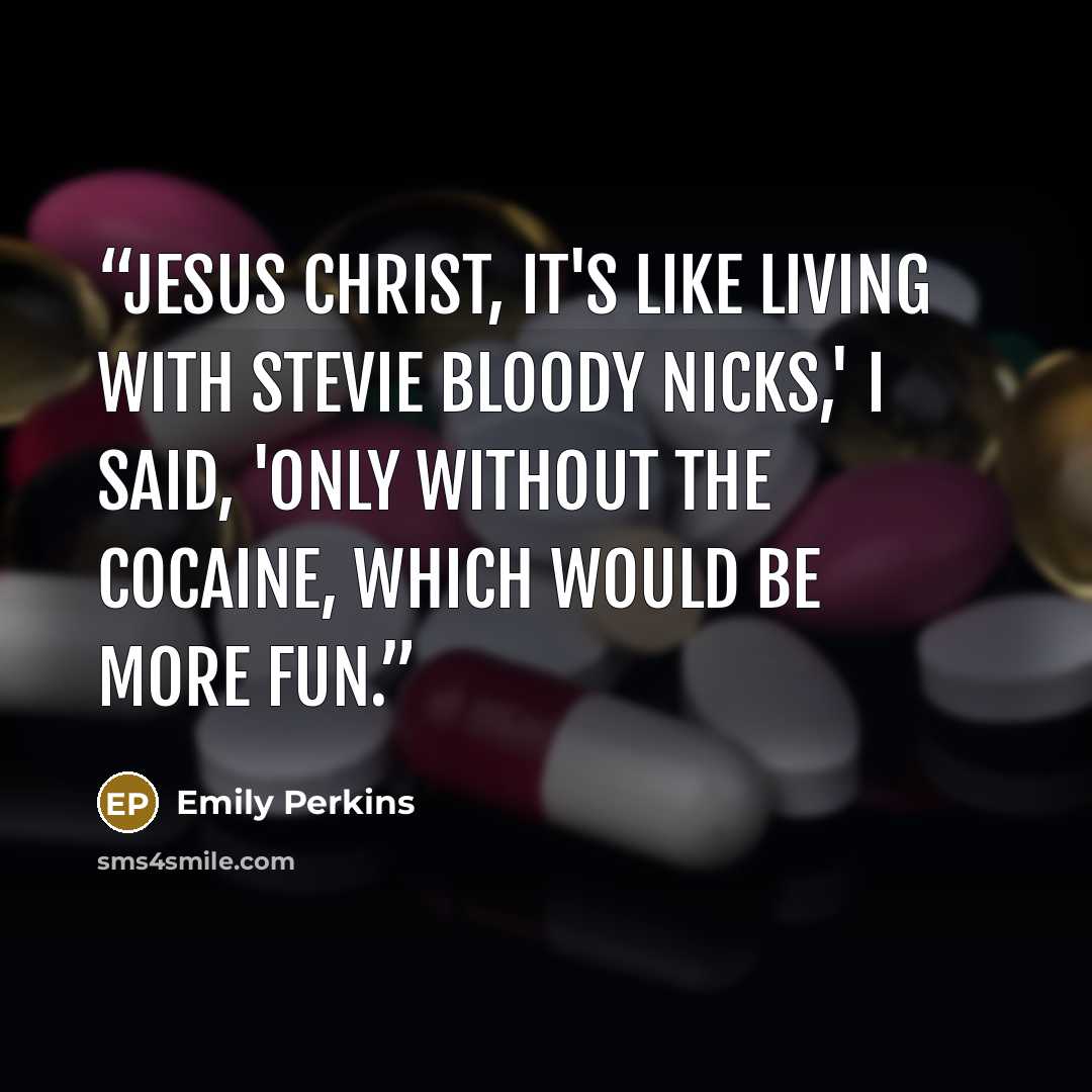 “Jesus Christ, it's like living with Stevie bloody Nicks,' I said, 'only without the cocaine, which would be more fun.” quote by Emily Perkins