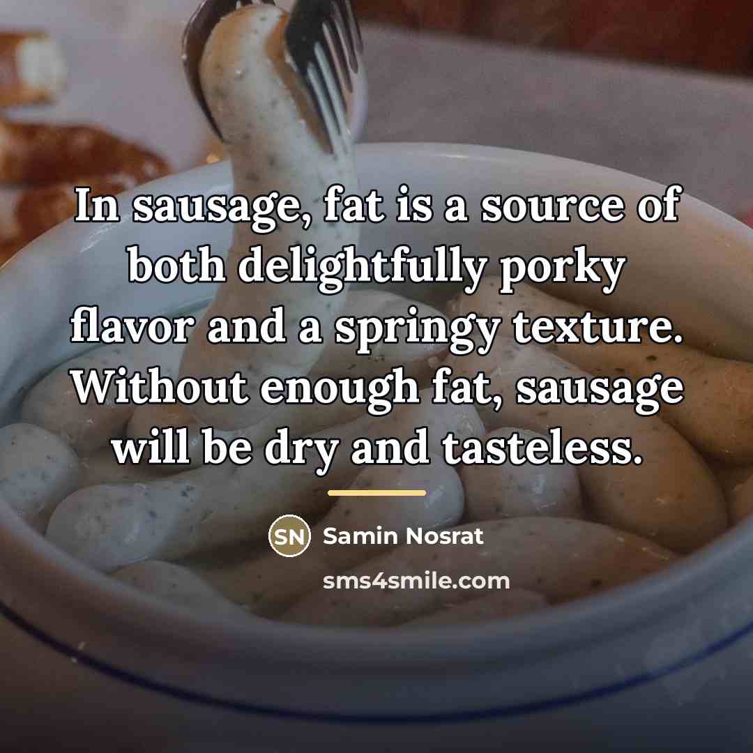 “In sausage, fat is a source of both delightfully porky…” quote by Samin Nosrat