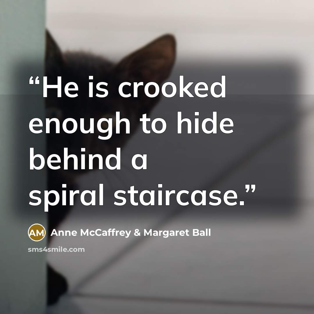 “He is crooked enough to hide behind a spiral staircase.” quote by Anne McCaffrey & Margaret Ball