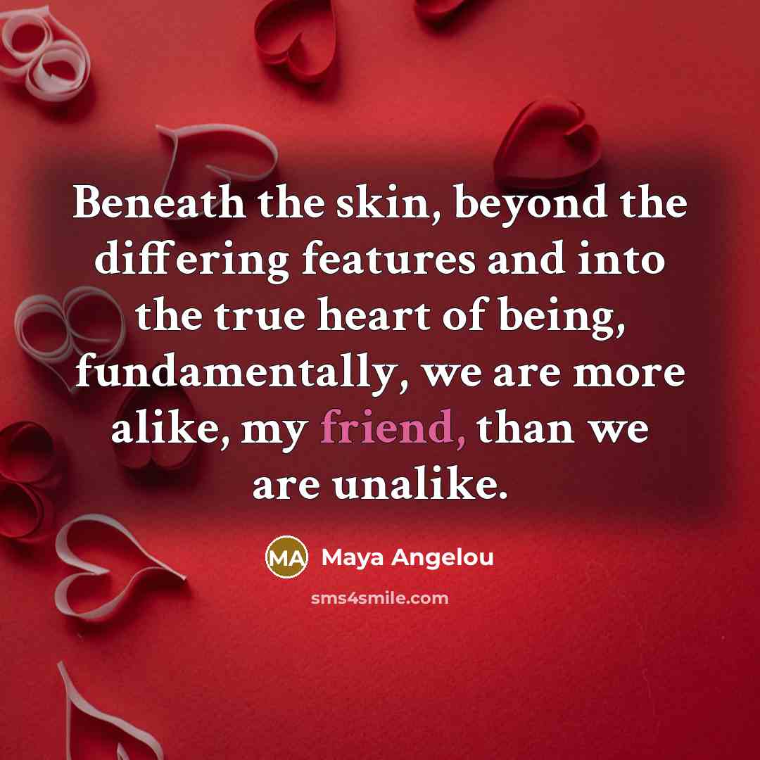“Beneath the skin, beyond the differing features and into the true heart of being, fundamentally, we are more alike, my friend, than we are unalike.” quote by Maya Angelou