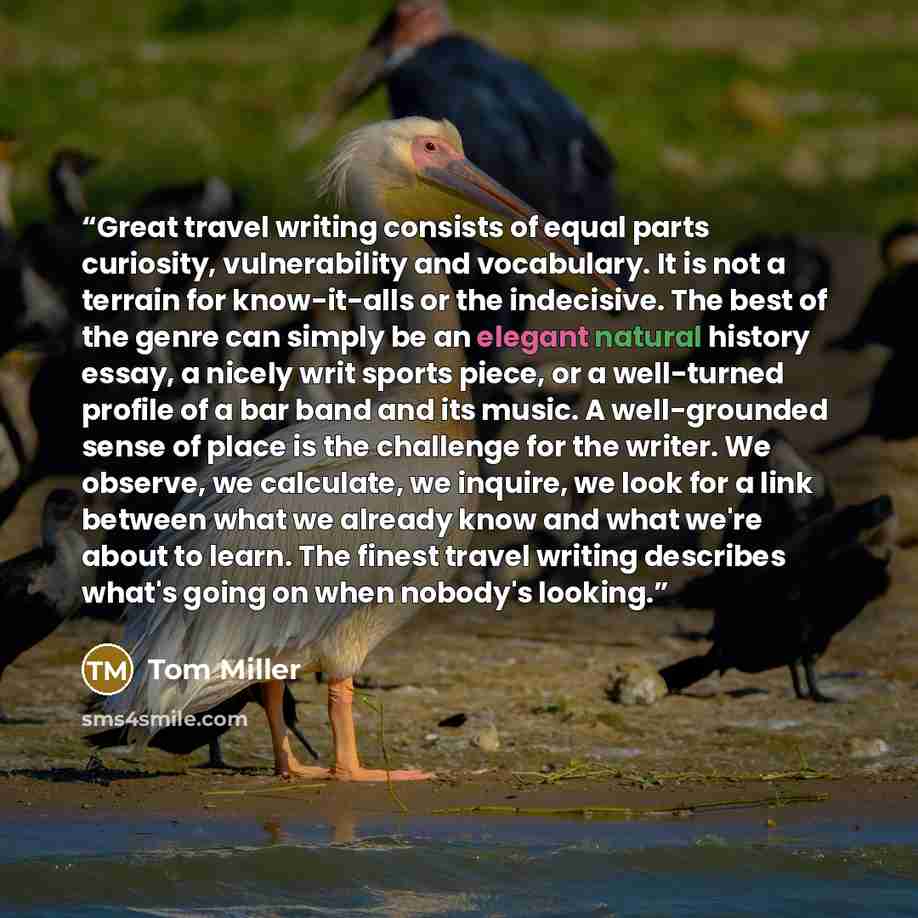 “Great travel writing consists of equal parts curiosity, vulnerability and vocabulary. It is not a terrain for know-it-alls or the indecisive. The best of the genre can simply be an elegant natural history essay, a nicely writ sports piece, or a well-turned profile of a bar band and its music. A…” quote by Tom Miller