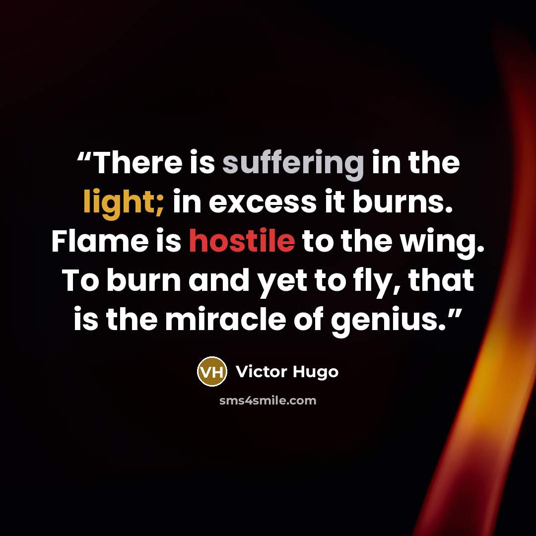 “There is suffering in the light; in excess it burns. Flame is hostile to the wing. To burn and yet to fly, that is the miracle of genius.” quote by Victor Hugo
