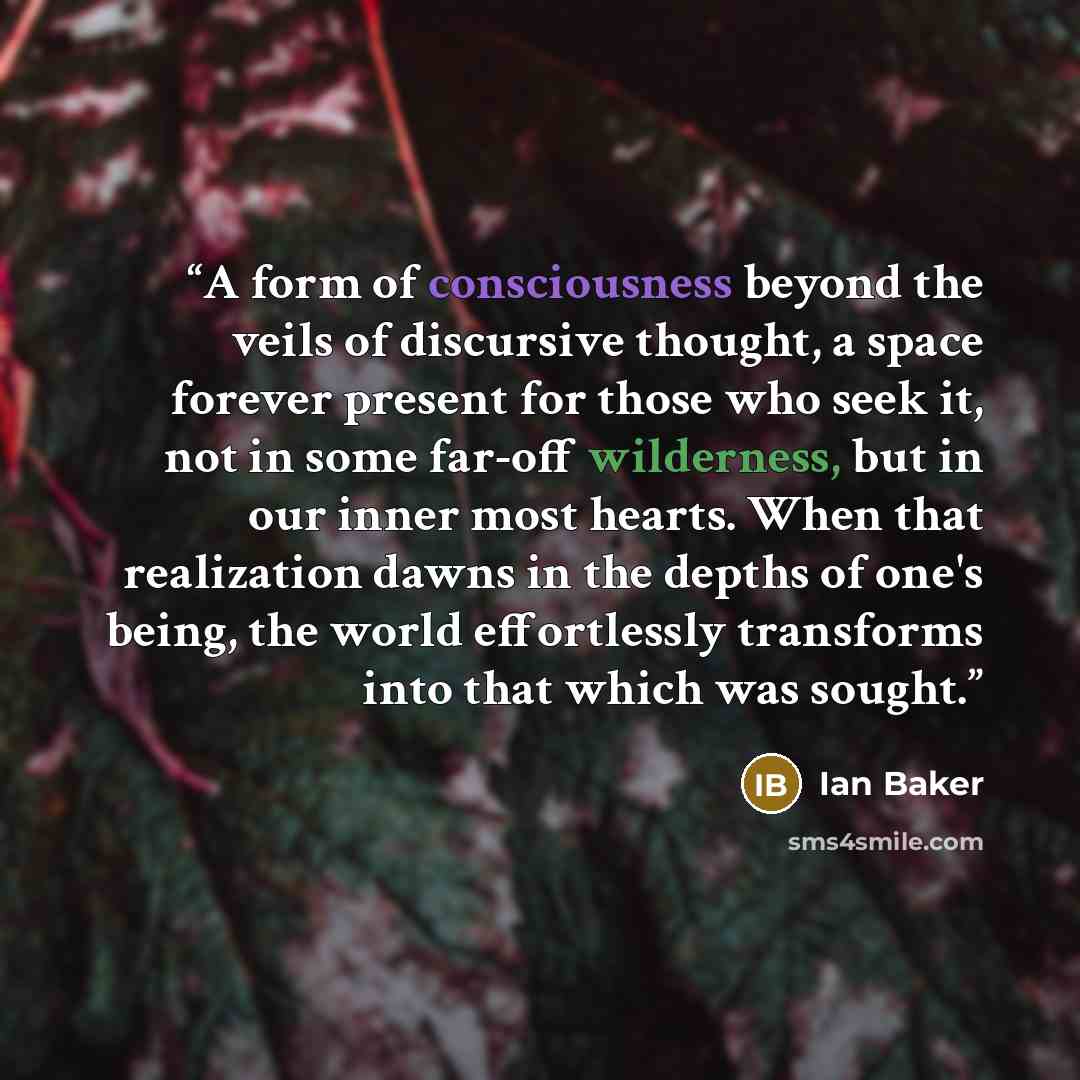 “A form of consciousness beyond the veils of discursive thought, a space forever present for those who seek it, not in some far-off wilderness, but in our inner most hearts. When that realization dawns in the depths of one's being, the world effortlessly transforms into that which was sought.” quote by Ian Baker