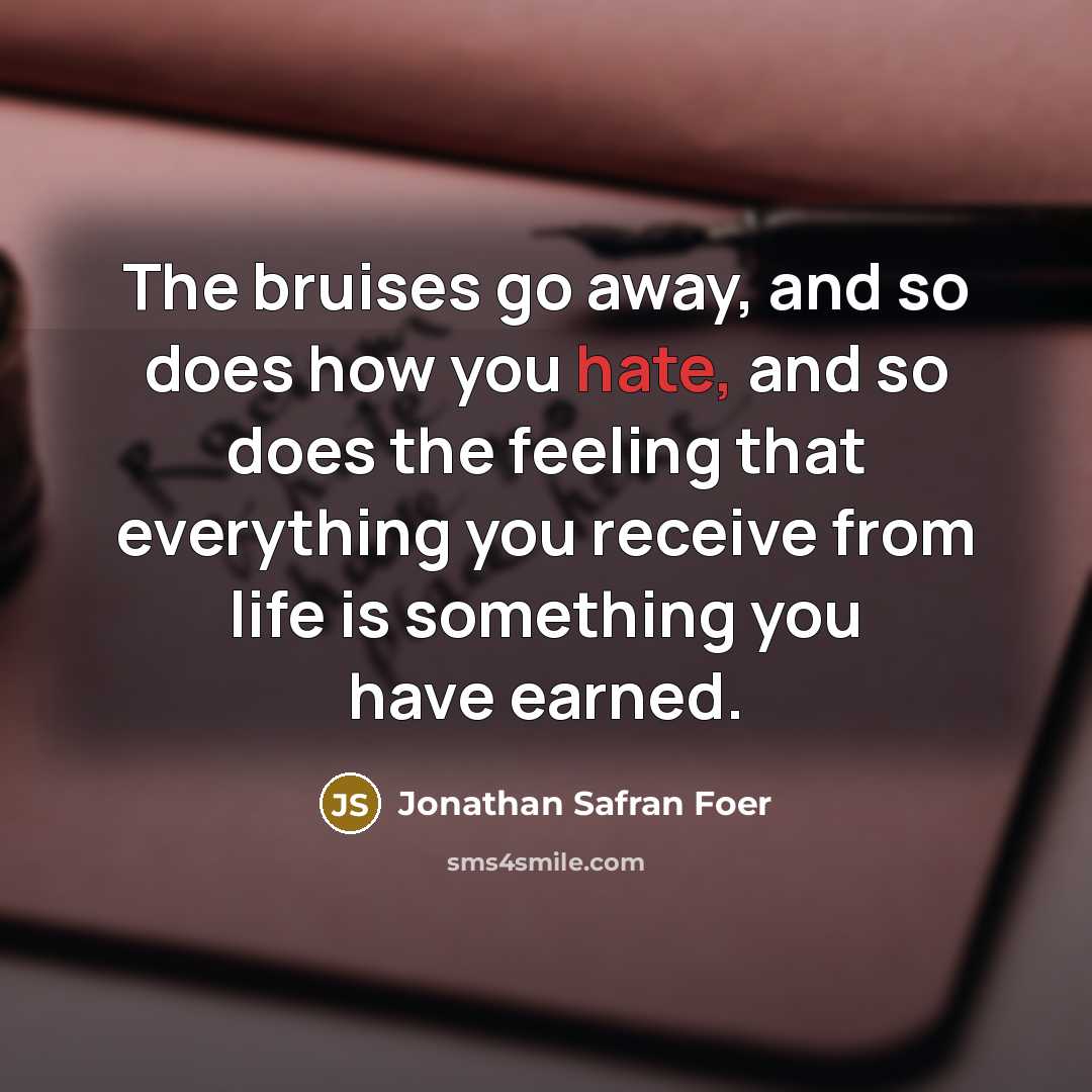 “The bruises go away, and so does how you hate,…” quote by Jonathan Safran Foer