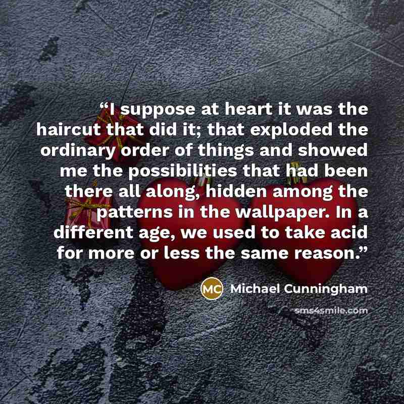 “I suppose at heart it was the haircut that did it; that exploded the ordinary order of things and showed me the possibilities that had been there all along, hidden among the patterns in the wallpaper. In a different age, we used to take acid for more or less the same reason.” quote by Michael Cunningham