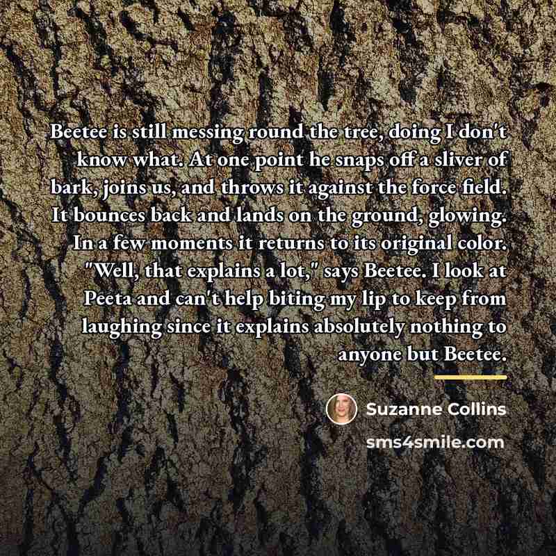 “Beetee is still messing round the tree, doing I don't…” quote by Suzanne Collins