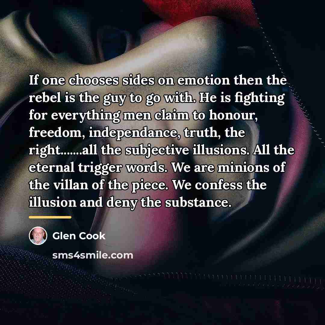 “If one chooses sides on emotion then the rebel is…” quote by Glen Cook