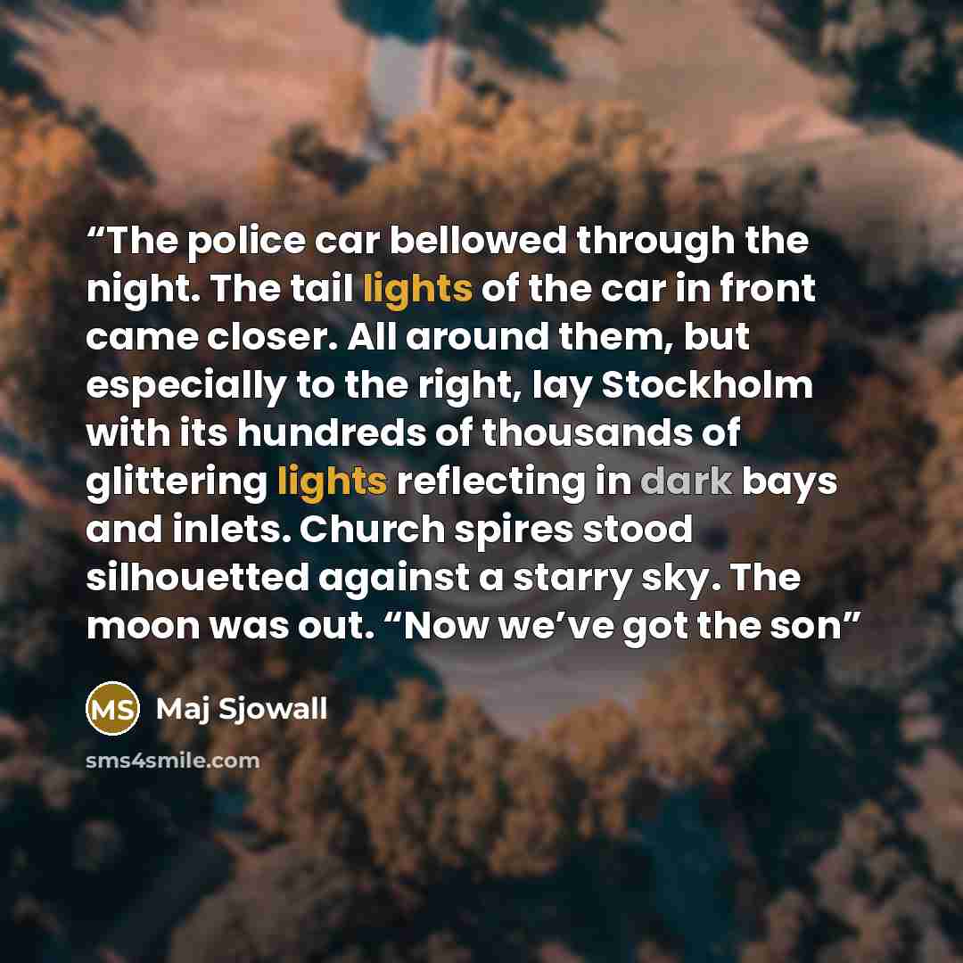 “The police car bellowed through the night. The tail lights of the car in front came closer. All around them, but especially to the right, lay Stockholm with its hundreds of thousands of glittering lights reflecting in dark bays and inlets. Church spires stood silhouetted against a starry sky. The…” quote by Maj Sjöwall
