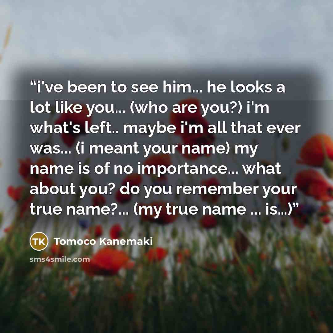 “i've been to see him... he looks a lot like you... (who are you?) i'm what's left.. maybe i'm all that ever was... (i meant your name) my name is of no importance... what about you? do you remember your true name?... (my true name ... is…)” quote by Tomoco Kanemaki