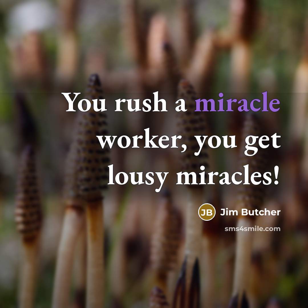 “You rush a miracle worker, you get lousy miracles!…” quote by Jim Butcher