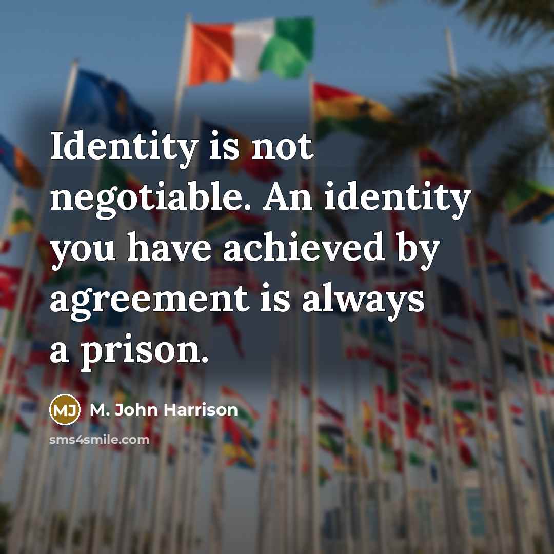 “Identity is not negotiable. An identity you have achieved by…” quote by M. John Harrison