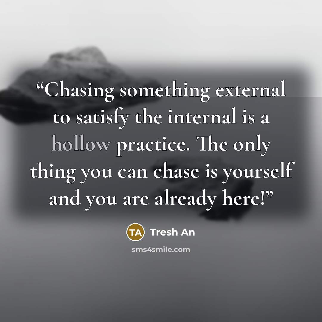 “Chasing something external to satisfy the internal is a hollow practice. The only thing you can chase is yourself and you are already here!” quote by Tresh An