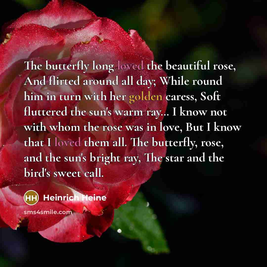 “The butterfly long loved the beautiful rose, And flirted around…” quote by Heinrich Heine