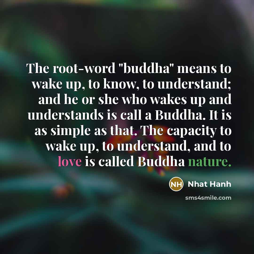 “The root-word "buddha" means to wake up, to know, to understand; and he or she who wakes up and understands is call a Buddha. It is as simple as that. The capacity to wake up, to understand, and to love is called Buddha nature.” quote by Nhat Hanh