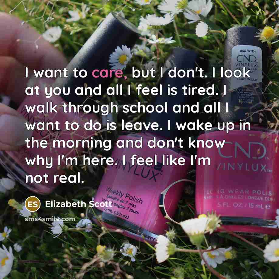 “I want to care, but I don't. I look at…” quote by Elizabeth Scott