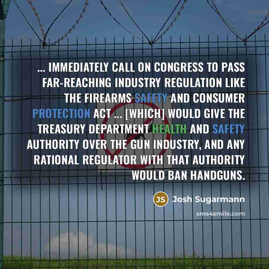 “... immediately call on Congress to pass far-reaching industry regulation like the Firearms Safety and Consumer Protection Act ... [which] would give the Treasury Department health and safety authority over the gun industry, and any rational regulator with that authority would ban handguns.” quote by Josh Sugarmann