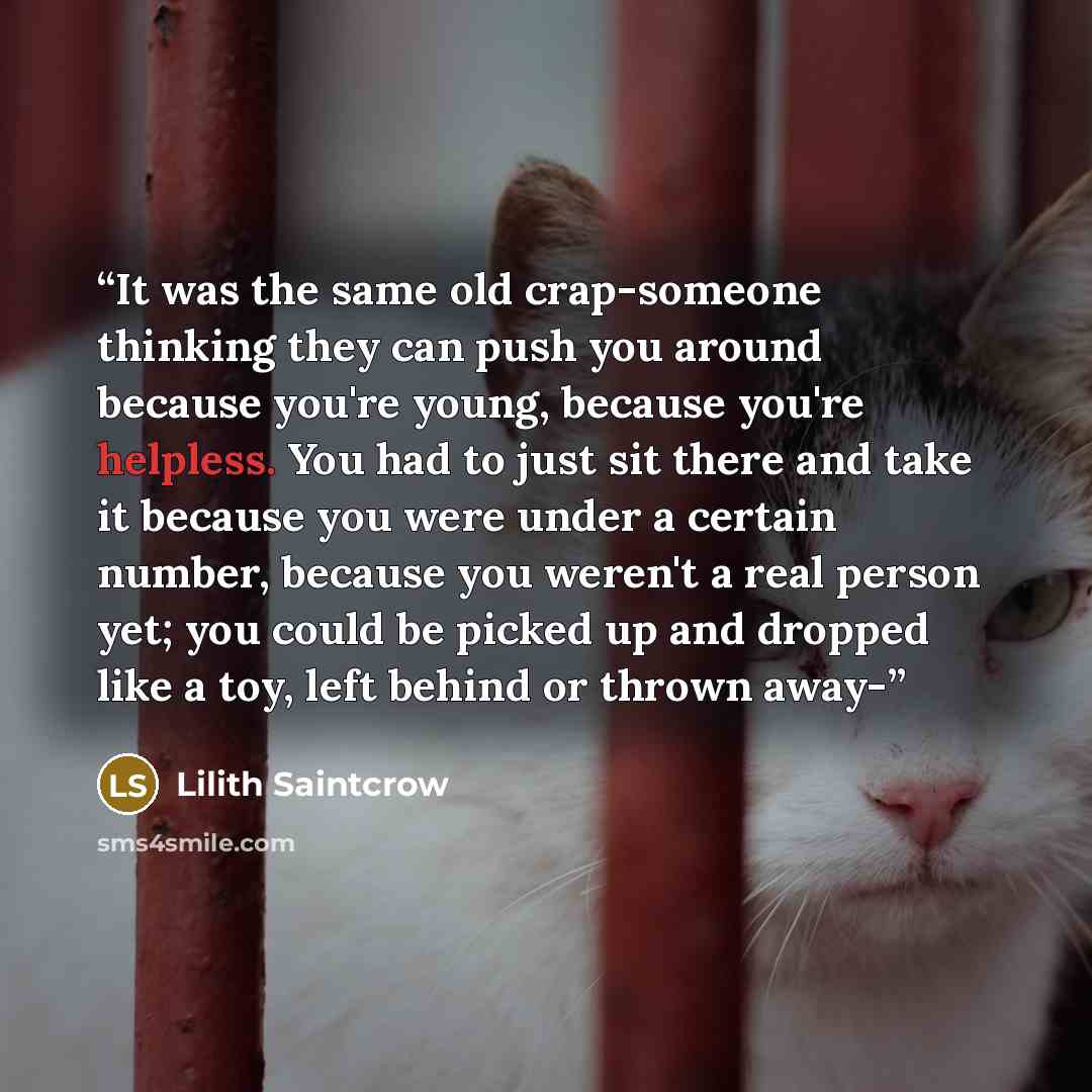 “It was the same old crap-someone thinking they can push you around because you're young, because you're helpless. You had to just sit there and take it because you were under a certain number, because you weren't a real person yet; you could be picked up and dropped like a toy, left behind or…” quote by Lilith Saintcrow