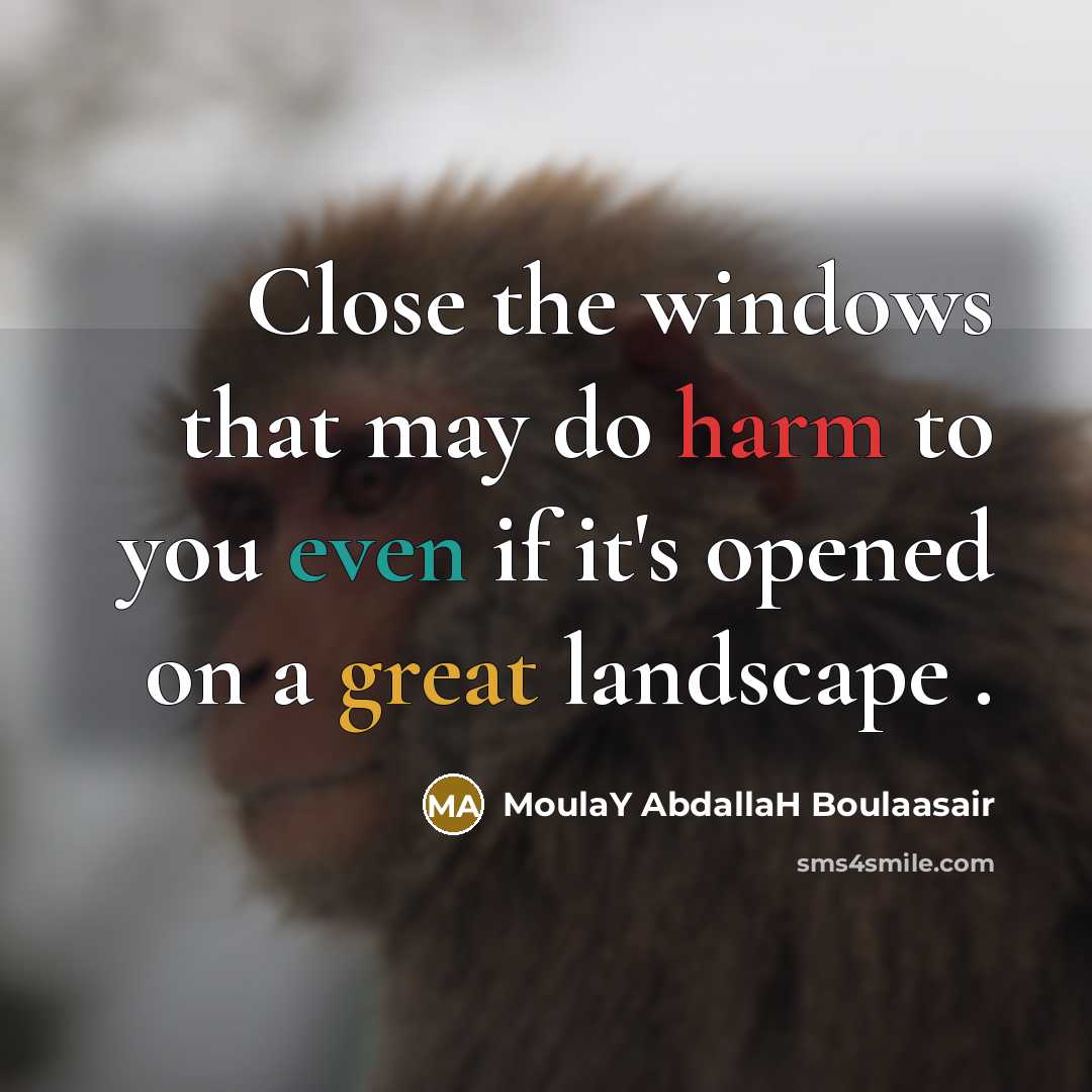 “Close the windows that may do harm to you even if it's opened on a great landscape .” quote by MoulaY AbdallaH Boulaasair