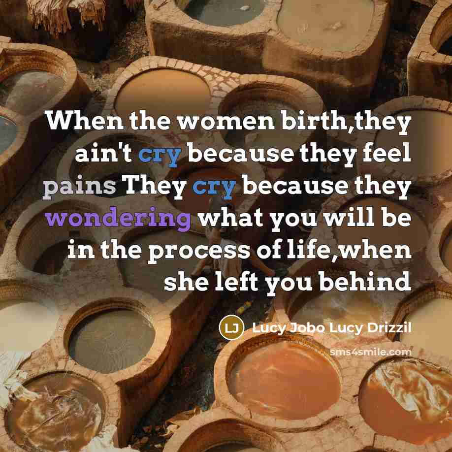 “When the women birth,they ain't cry because they feel pains They cry because they wondering what you will be in the process of life,when she left you behind” quote by Lucy Jobo Lucy Drizzil
