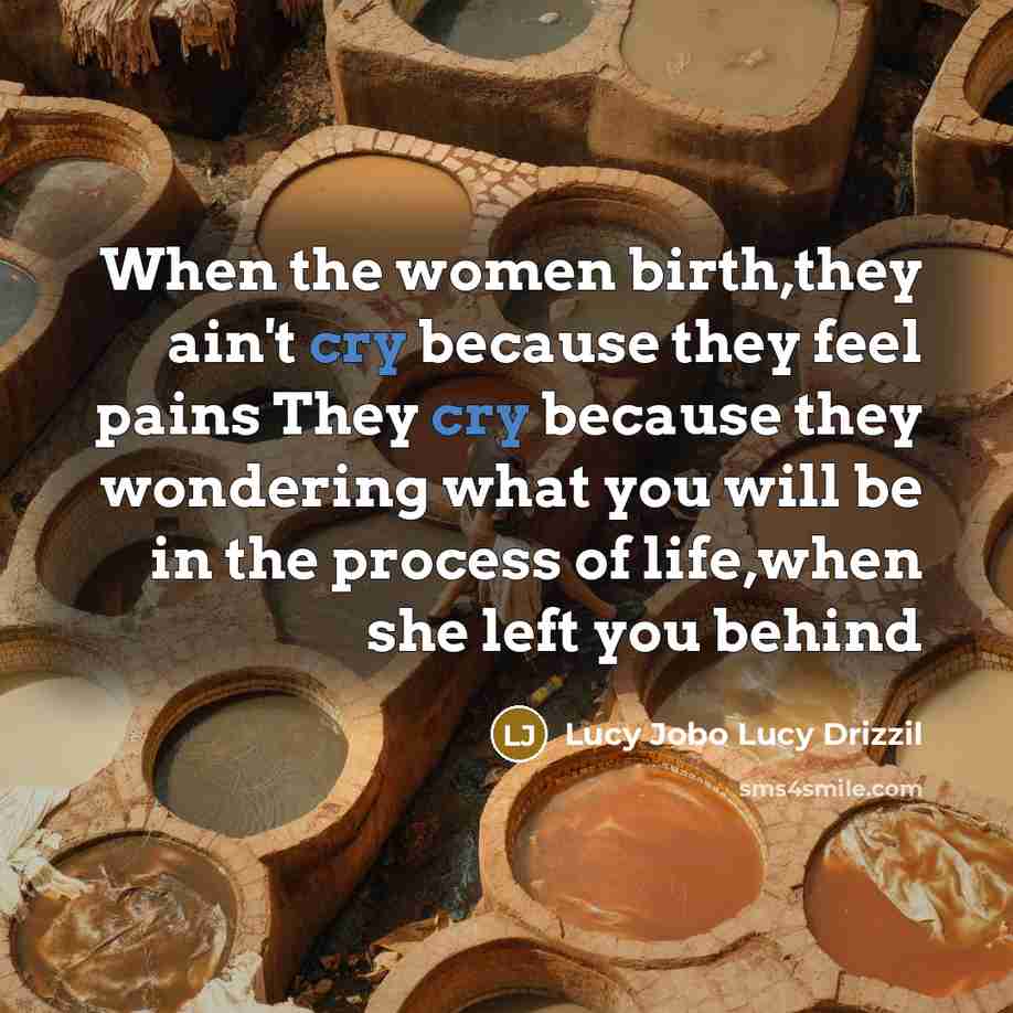 “When the women birth,they ain't cry because they feel pains They cry because they wondering what you will be in the process of life,when she left you behind” quote by Lucy Jobo Lucy Drizzil