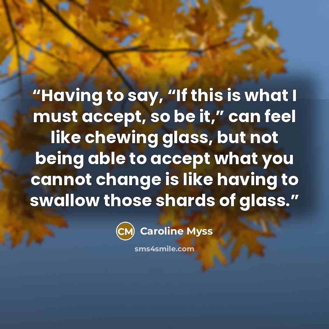 “Having to say, “If this is what I must accept, so be it,” can feel like chewing glass, but not being able to accept what you cannot change is like having to swallow those shards of glass.” quote by Caroline Myss