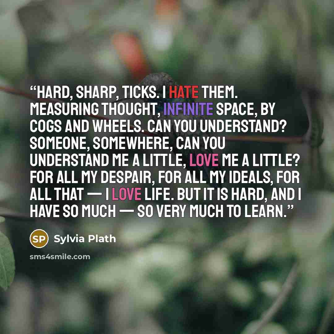“Hard, sharp, ticks. I hate them. Measuring thought, infinite space, by cogs and wheels. Can you understand? Someone, somewhere, can you understand me a little, love me a little? For all my despair, for all my ideals, for all that — I love life. But it is hard, and I have so much — so very much to…” quote by Sylvia Plath