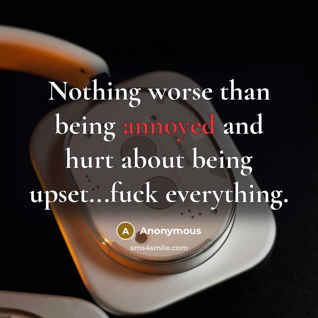 “Nothing worse than being annoyed and hurt about being upset...fuck…” quote by Anonymous