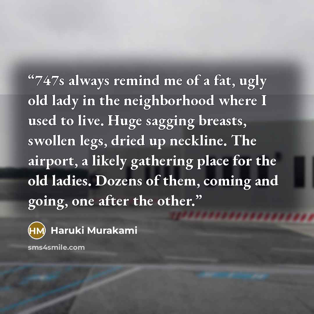 “747s always remind me of a fat, ugly old lady in the neighborhood where I used to live. Huge sagging breasts, swollen legs, dried up neckline. The airport, a likely gathering place for the old ladies. Dozens of them, coming and going, one after the other.” quote by Haruki Murakami