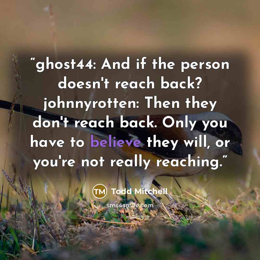 “ghost44: And if the person doesn't reach back? johnnyrotten: Then they don't reach back. Only you have to believe they will, or you're not really reaching.” quote by Todd Mitchell