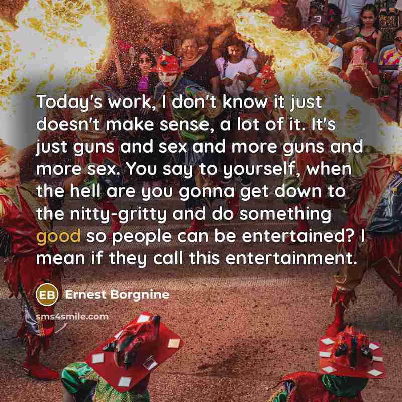 “Today's work, I don't know it just doesn't make sense, a lot of it. It's just guns and sex and more guns and more sex. You say to yourself, when the hell are you gonna get down to the nitty-gritty and do something good so people can be entertained? I mean if they call this entertainment.” quote by Ernest Borgnine