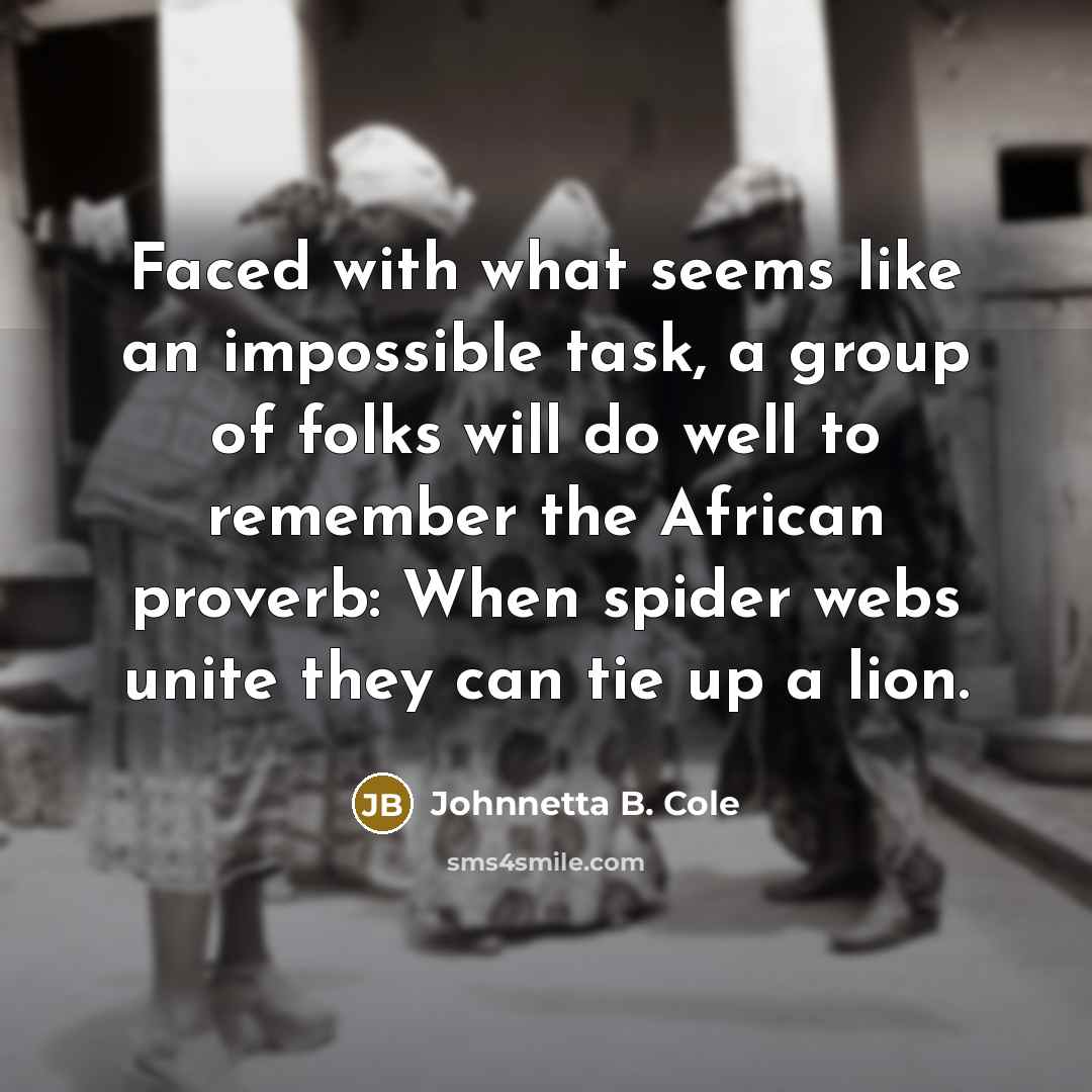 “Faced with what seems like an impossible task, a group of folks will do well to remember the African proverb: When spider webs unite they can tie up a lion.” quote by Johnnetta B. Cole