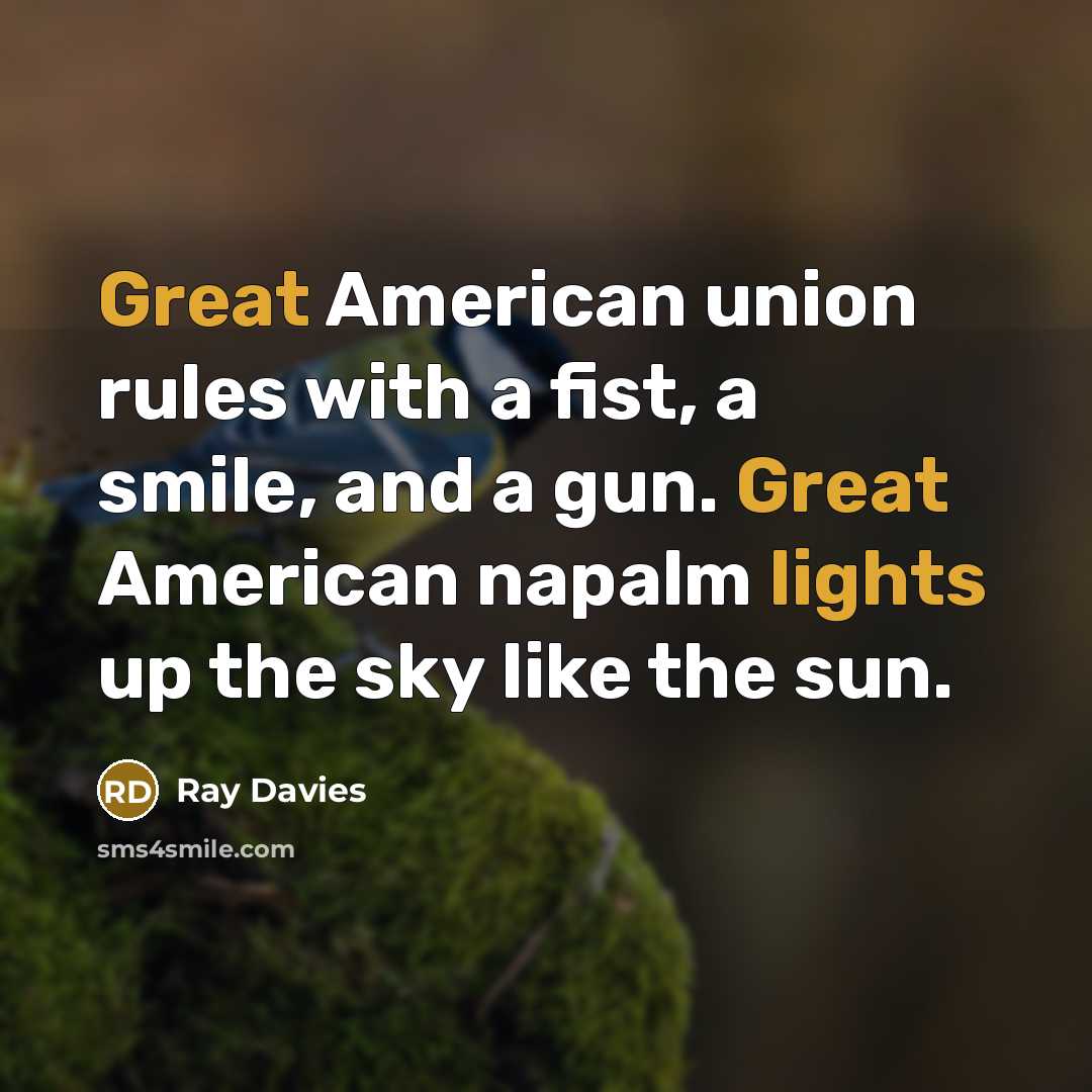 “Great American union rules with a fist, a smile, and a gun. Great American napalm lights up the sky like the sun.” quote by Ray Davies