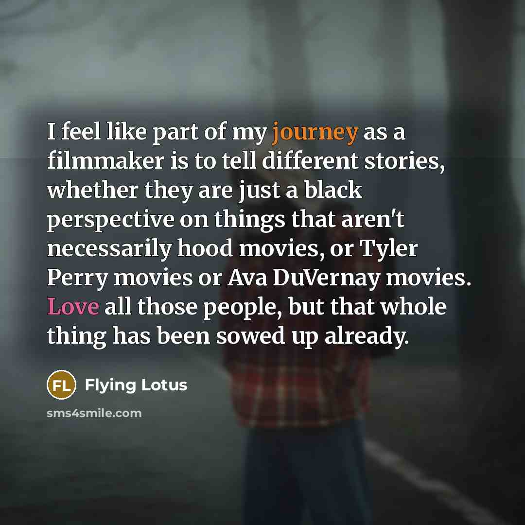 “I feel like part of my journey as a filmmaker is to tell different stories, whether they are just a black perspective on things that aren't necessarily hood movies, or Tyler Perry movies or Ava DuVernay movies. Love all those people, but that whole thing has been sowed up already.” quote by Flying Lotus