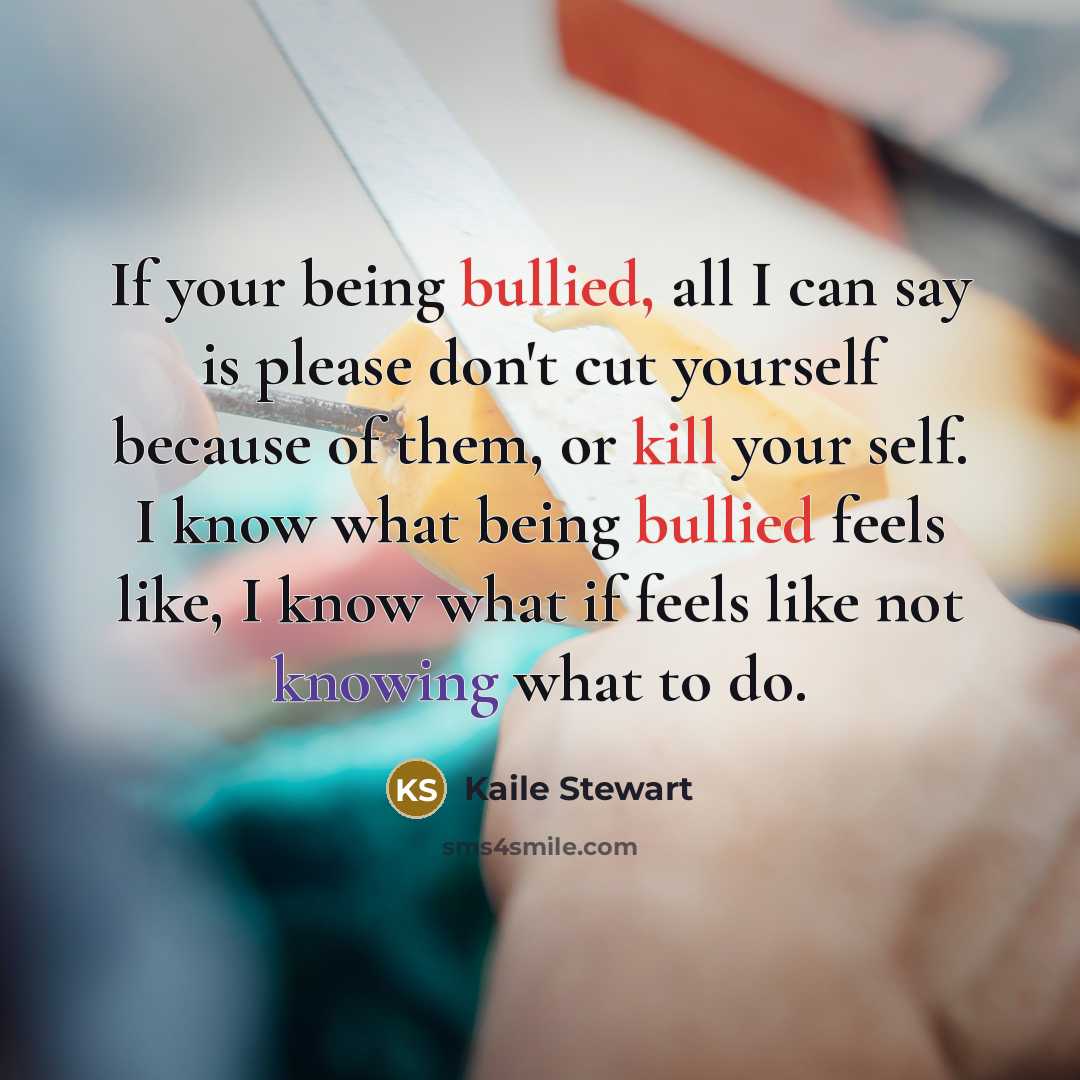 “If your being bullied, all I can say is please don't cut yourself because of them, or kill your self. I know what being bullied feels like, I know what if feels like not knowing what to do.” quote by Kaile Stewart
