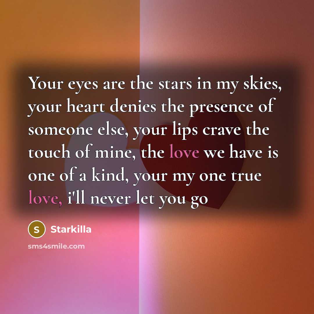 “Your eyes are the stars in my skies, your heart denies the presence of someone else, your lips crave the touch of mine, the love we have is one of a kind, your my one true love, i'll never let you go” quote by Starkilla