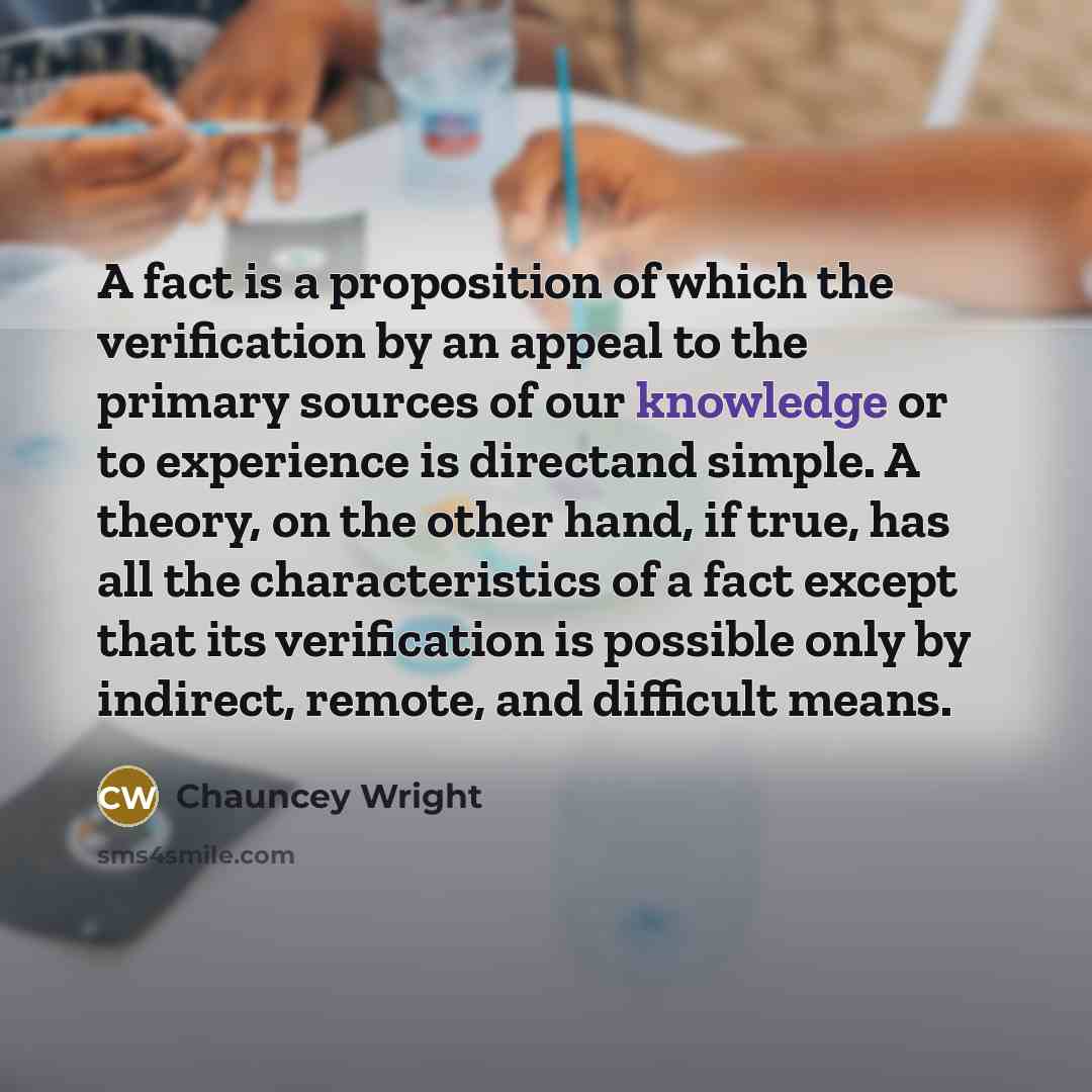“A fact is a proposition of which the verification by…” quote by Chauncey Wright
