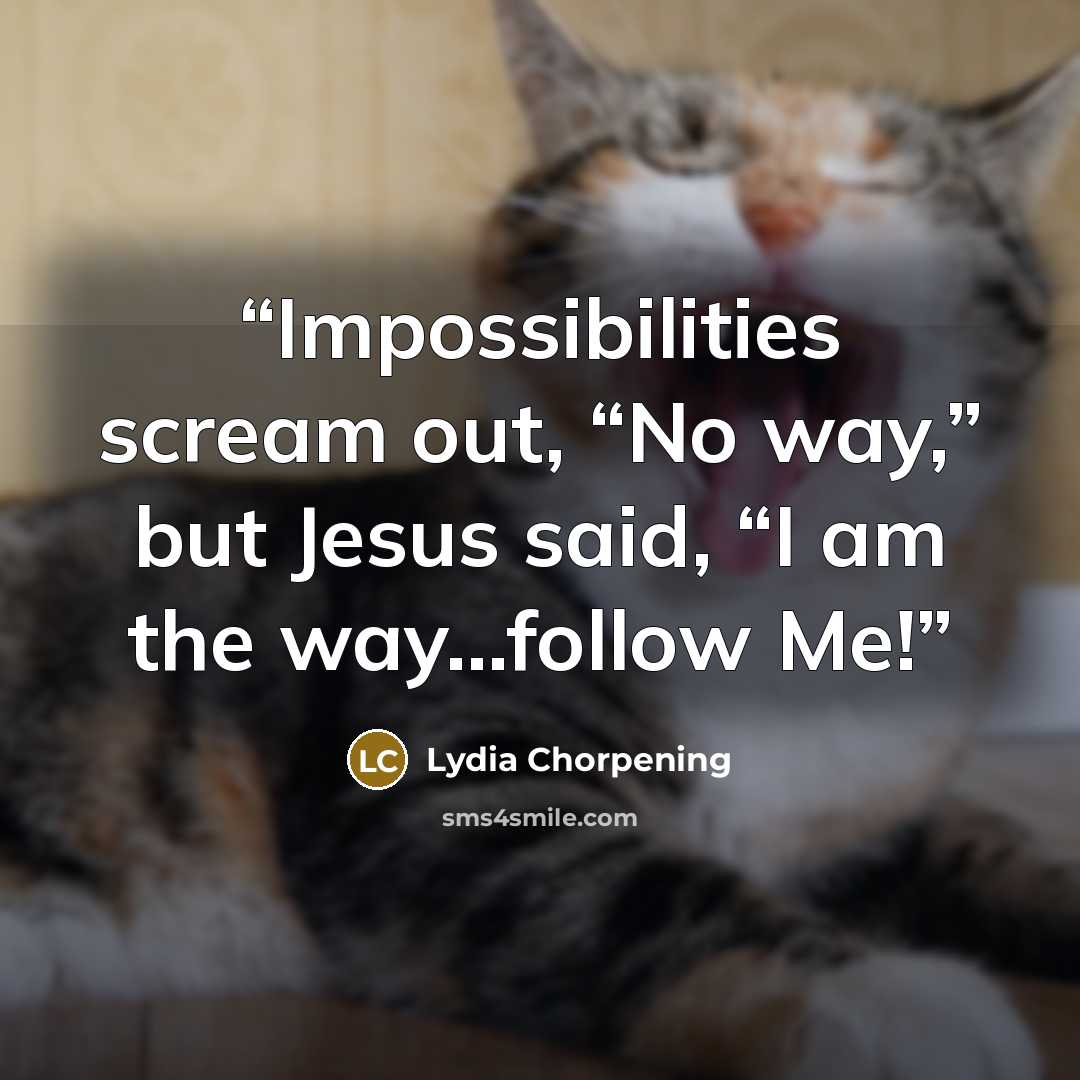 “Impossibilities scream out, “No way,” but Jesus said, “I am the way…follow Me!” quote by Lydia Chorpening