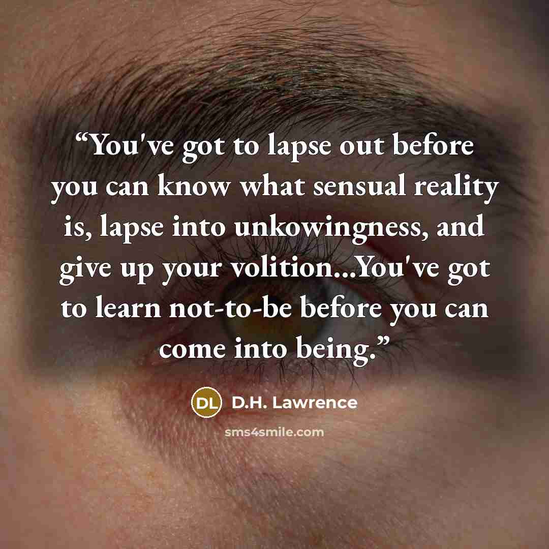 “You've got to lapse out before you can know what sensual reality is, lapse into unkowingness, and give up your volition...You've got to learn not-to-be before you can come into being.” quote by D.H. Lawrence