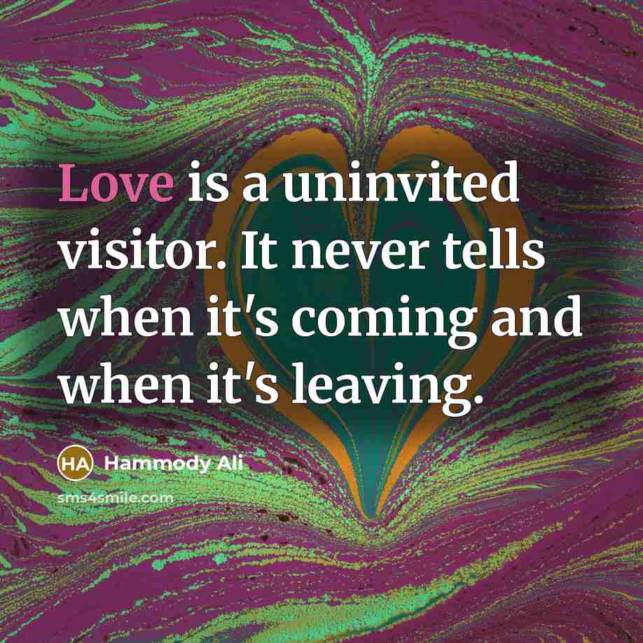 “Love is a uninvited visitor. It never tells when it's coming and when it's leaving.” quote by Hammody Ali