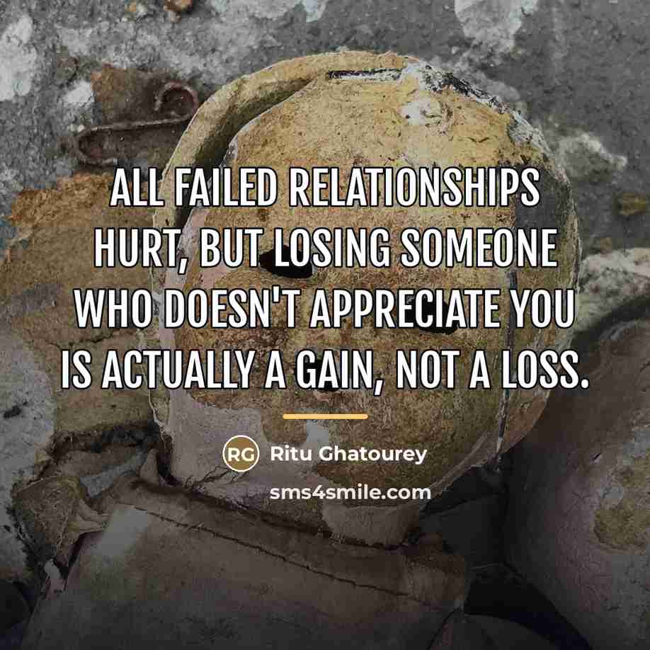 “All failed relationships hurt, but losing someone who doesn't appreciate…” quote by Ritu Ghatourey