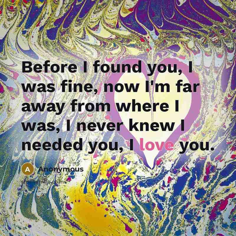 “Before I found you, I was fine, now I'm far away from where I was, I never knew I needed you, I love you.” quote by Anonymous