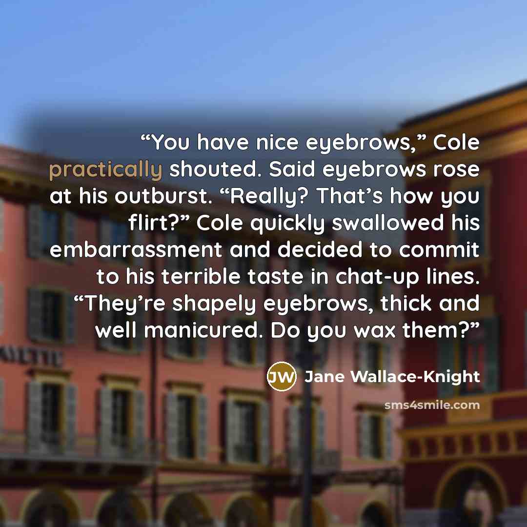 “You have nice eyebrows,” Cole practically shouted. Said eyebrows rose at his outburst. “Really? That’s how you flirt?” Cole quickly swallowed his embarrassment and decided to commit to his terrible taste in chat-up lines. “They’re shapely eyebrows, thick and well manicured. Do you wax them?” quote by Jane Wallace-Knight