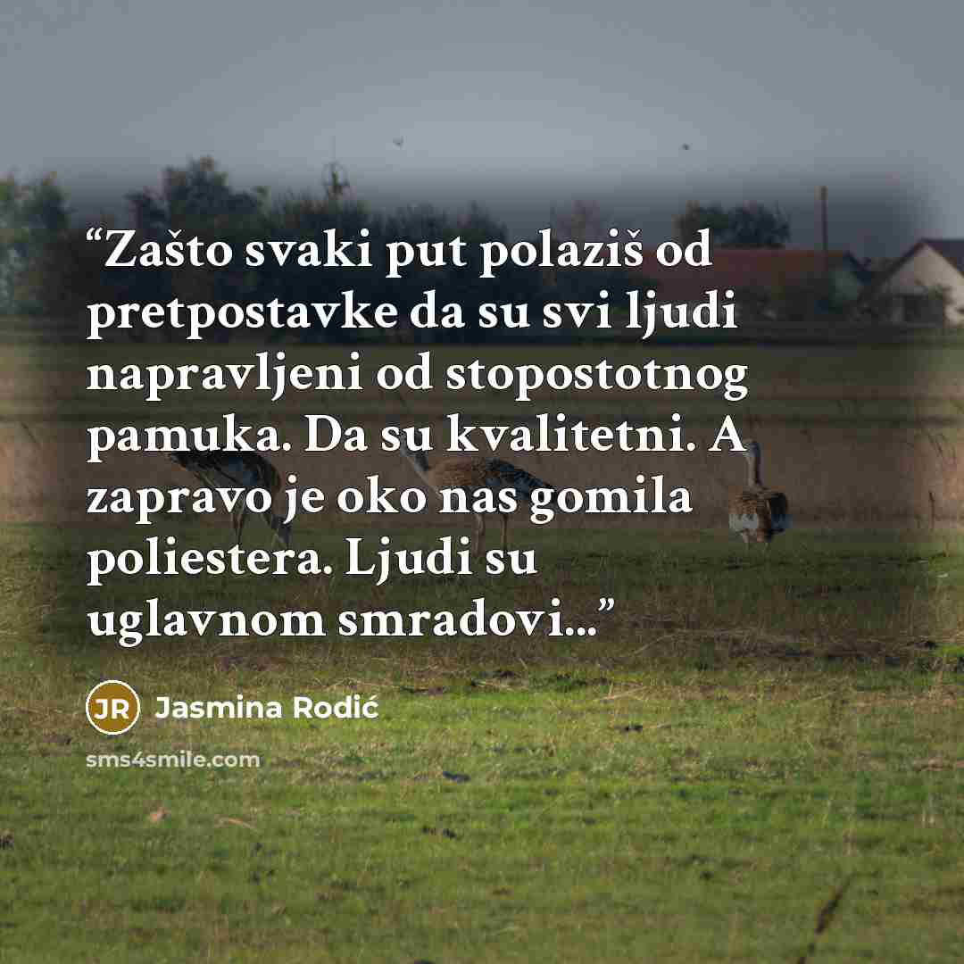 “Zašto svaki put polaziš od pretpostavke da su svi ljudi napravljeni od stopostotnog pamuka. Da su kvalitetni. A zapravo je oko nas gomila poliestera. Ljudi su uglavnom smradovi...” quote by Jasmina Rodić