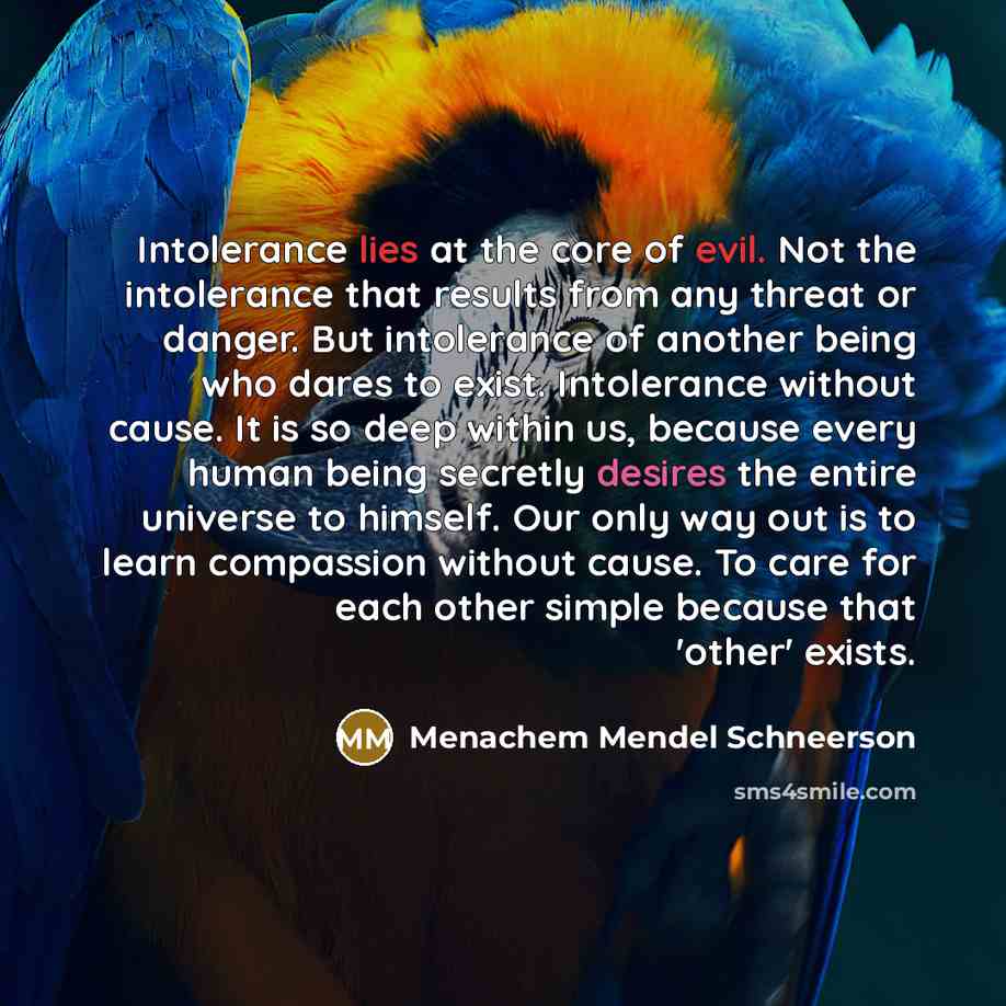 “Intolerance lies at the core of evil. Not the intolerance…” quote by Menachem Mendel Schneerson