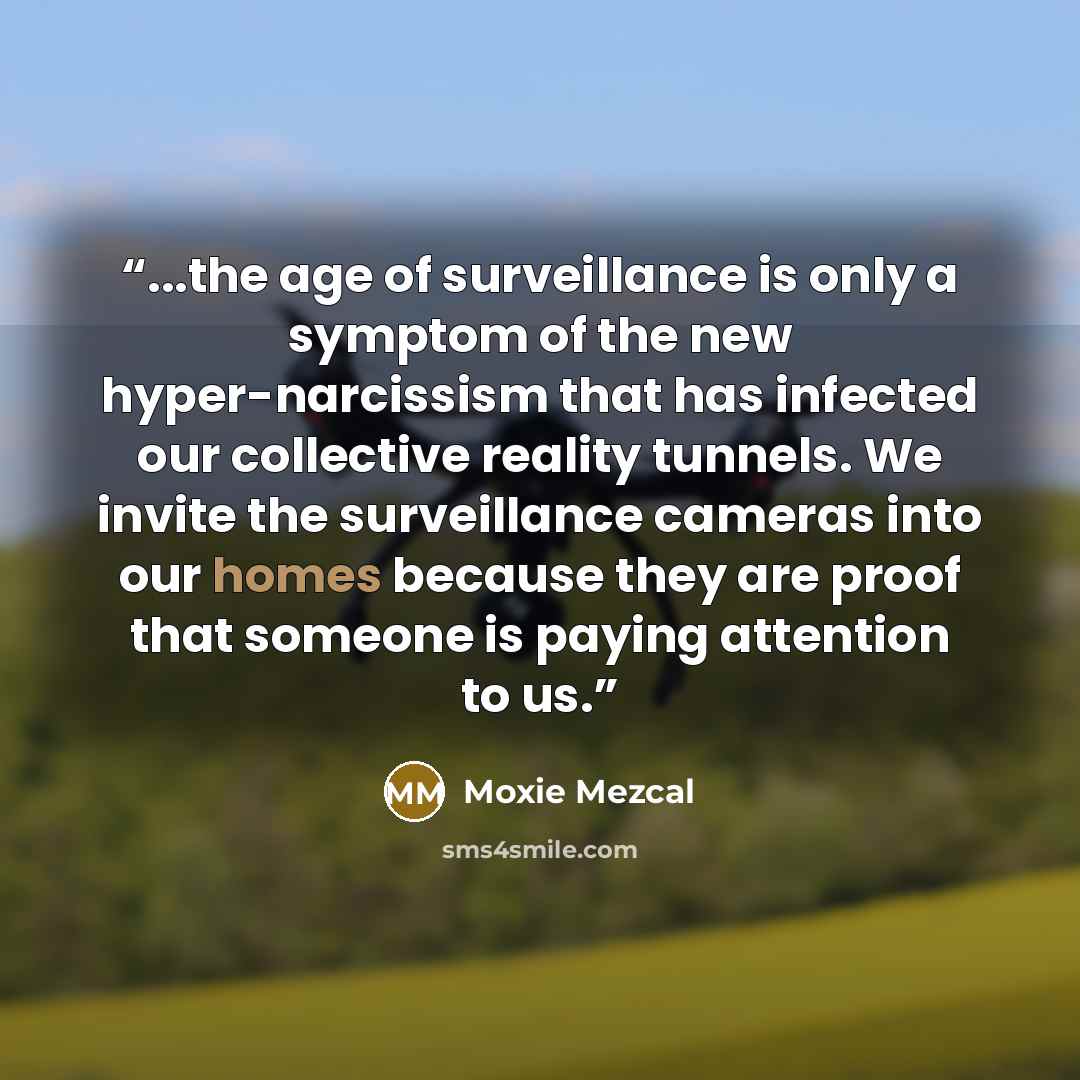 “...the age of surveillance is only a symptom of the new hyper-narcissism that has infected our collective reality tunnels. We invite the surveillance cameras into our homes because they are proof that someone is paying attention to us.” quote by Moxie Mezcal