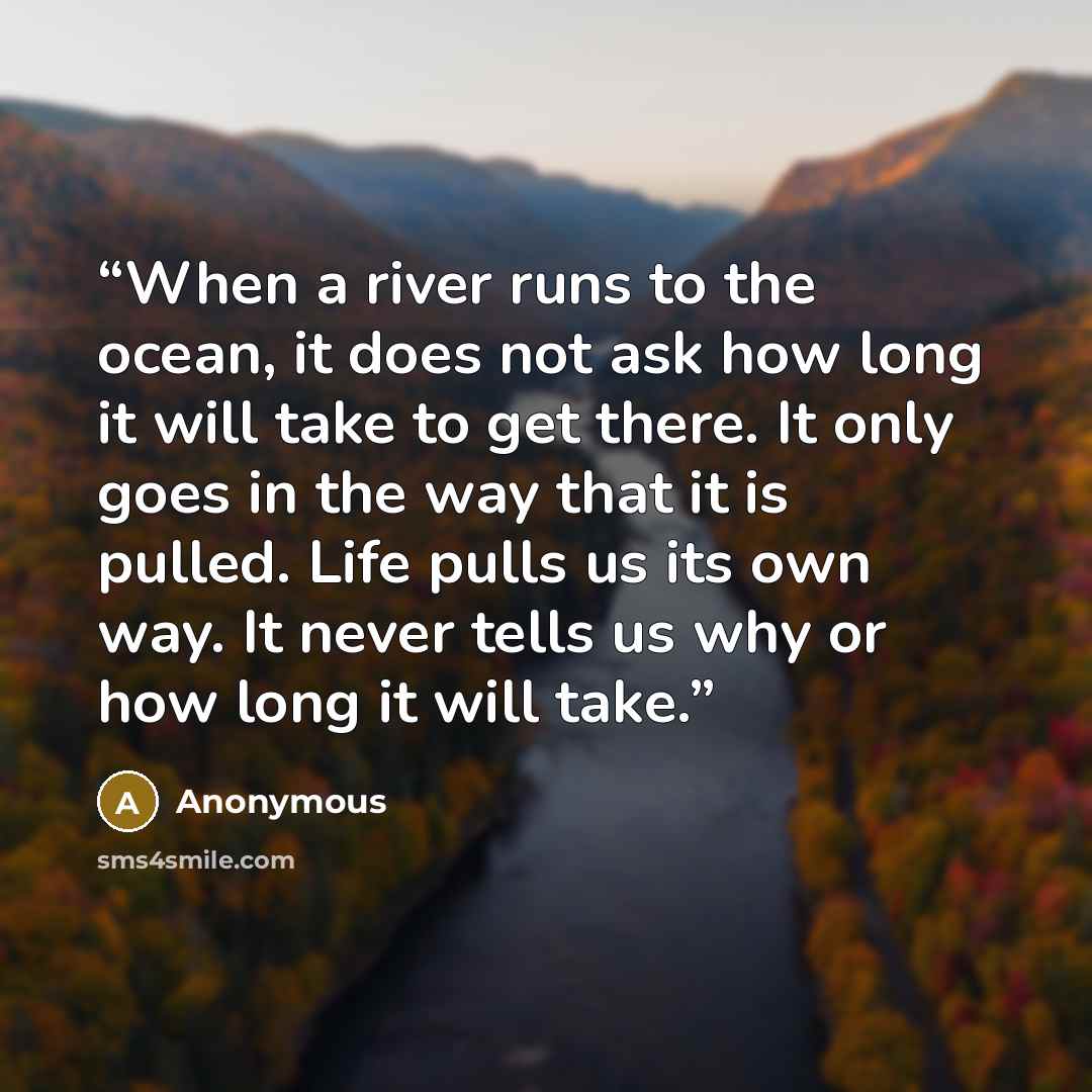 “When a river runs to the ocean, it does not ask how long it will take to get there. It only goes in the way that it is pulled. Life pulls us its own way. It never tells us why or how long it will take.” quote by Anonymous