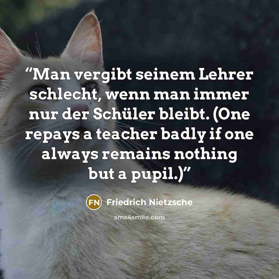 “Man vergibt seinem Lehrer schlecht, wenn man immer nur der Schüler bleibt. (One repays a teacher badly if one always remains nothing but a pupil.)” quote by Friedrich Nietzsche