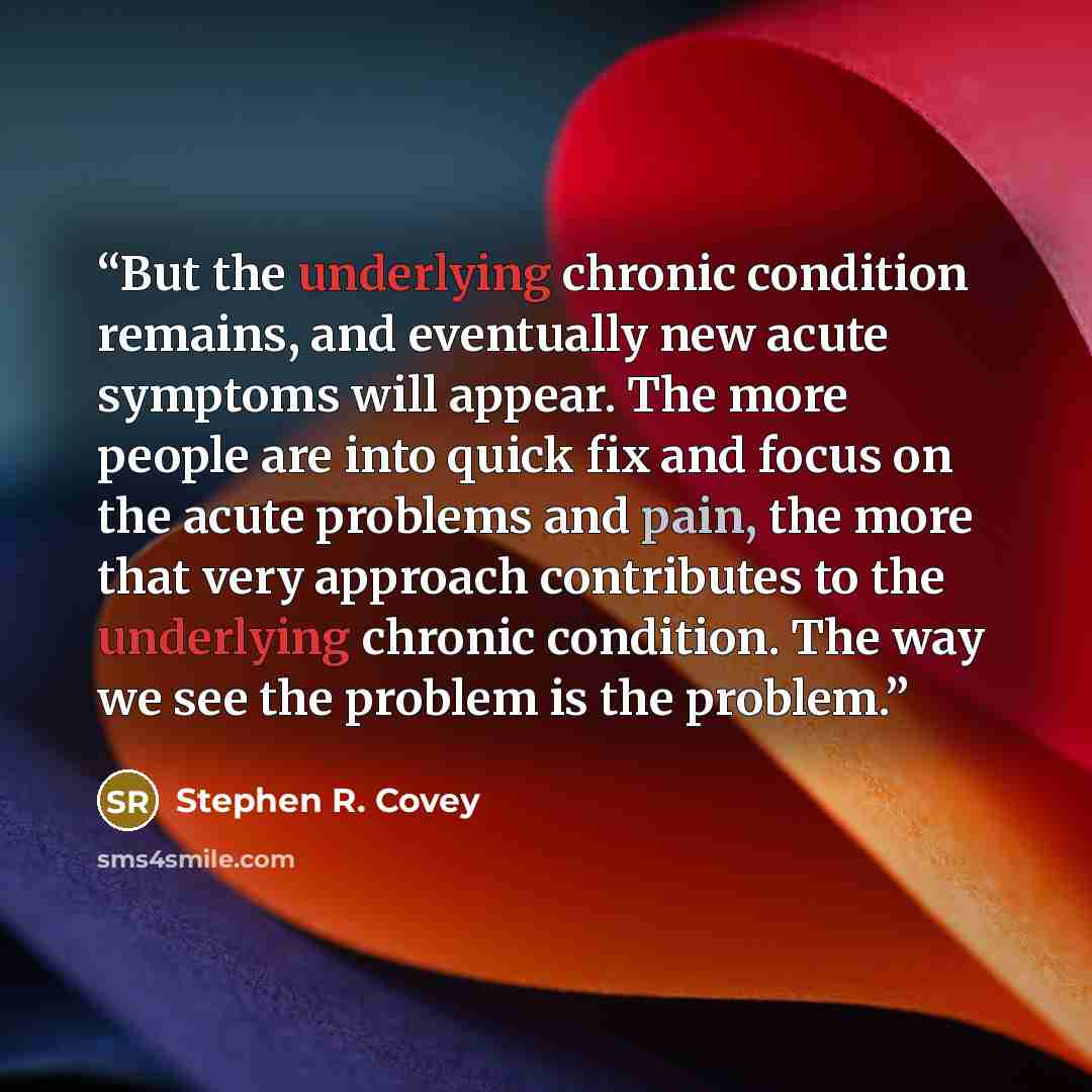 “But the underlying chronic condition remains, and eventually new acute symptoms will appear. The more people are into quick fix and focus on the acute problems and pain, the more that very approach contributes to the underlying chronic condition. The way we see the problem is the problem.” quote by Stephen R. Covey