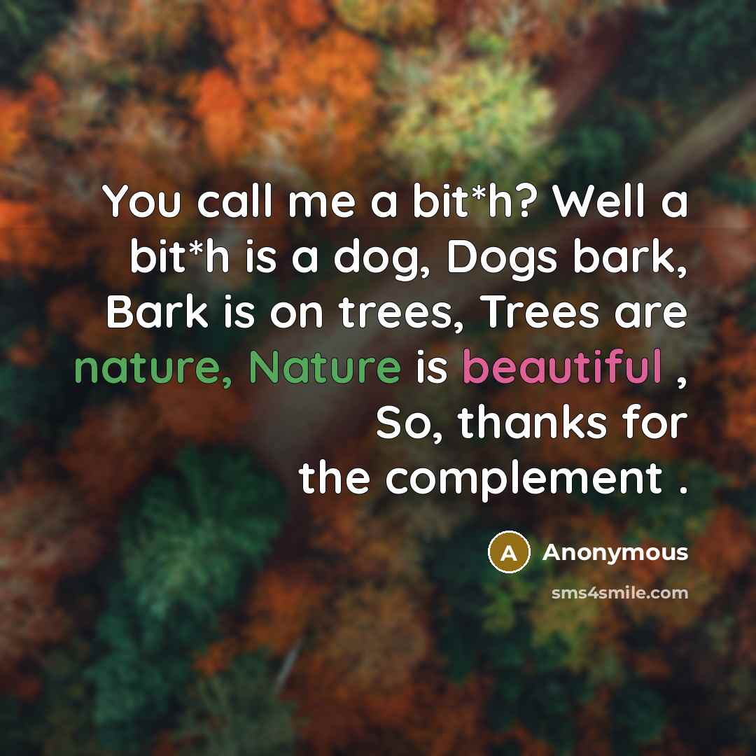 “You call me a bit*h? Well a bit*h is a dog, Dogs bark, Bark is on trees, Trees are nature, Nature is beautiful , So, thanks for the complement .” quote by Anonymous