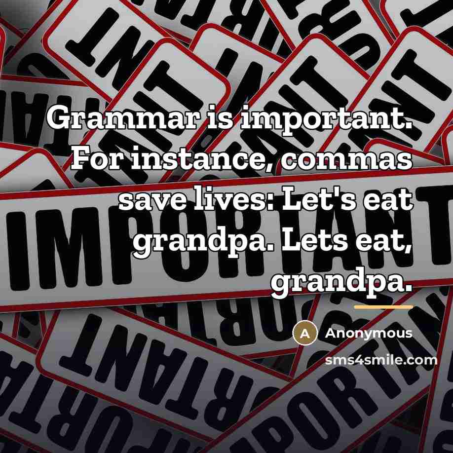 “Grammar is important. For instance, commas save lives: Let's eat…” quote by Anonymous